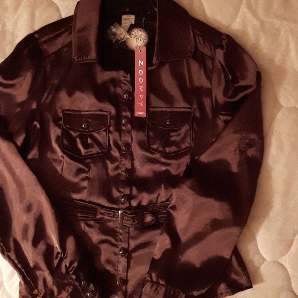 NWT 2 pockets Blouse, New w/Tags, Belted Shiny Brown, Small- Med  4- 6, 8 to 10